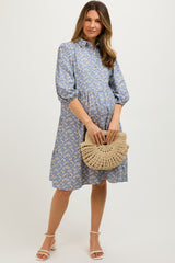 Light Blue Floral Button Front 3/4 Sleeve Maternity Dress