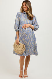 Light Blue Floral Button Front 3/4 Sleeve Maternity Dress