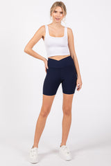 Navy Ribbed Crisscross Biker Shorts