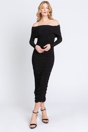 Black Off Shoulder Mesh Ruched Midi Dress