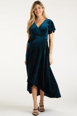 Dark Teal Velvet Wrap Front V-Neck Hi-Low Maternity Midi Dress