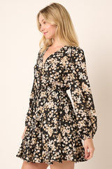 Black Flower Print Surplice Godet Detail Mini Dress