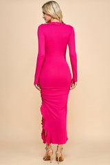 Fuchsia Ruffle Ruched Long Sleeve Maxi Dress