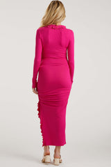 Fuchsia Ruffle Ruched Long Sleeve Maternity Maxi Dress