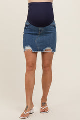 Blue Distressed Maternity Denim Mini Skirt