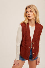 Rust Cable Knit Oversized Sweater Vest With Pockets