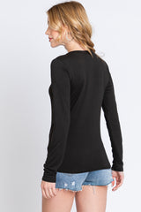 Black Waffle Knit Basic Long Sleeve Top