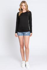 Black Waffle Knit Basic Long Sleeve Top