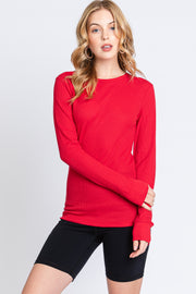 Red Waffle Knit Basic Long Sleeve Top