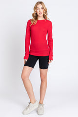 Red Waffle Knit Basic Long Sleeve Top