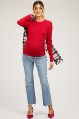 Red Waffle Knit Basic Long Sleeve Maternity Top