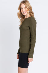 Olive Waffle Knit Basic Long Sleeve Top