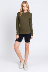 Olive Waffle Knit Basic Long Sleeve Top