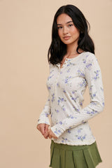 Light Blue Floral Long Sleeve Henley Top