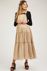 Beige Overall Crochet Lace Tiered Maternity Dress