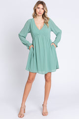 Mint Green V-Neck Long Sleeve Dress