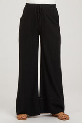 Black Linen Wide Leg Lace Trim Maternity Pants