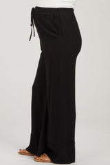 Black Linen Wide Leg Lace Trim Maternity Pants