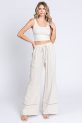 Beige Linen Wide Leg Lace Trim Maternity Pants