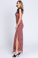 Mauve Ribbed Polka Dot Shoulder Tie Maxi Dress