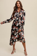 Black Floral Print Long Seeve Satin Wrap Midi Dress