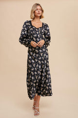 Midnight Sweetheart Neck Satin Floral Dress