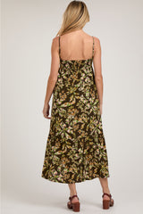 Brown Floral Sleeveless Front Cinched Maternity Midi Dress