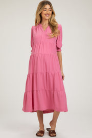 Pink Short Sleeve Tiered Maternity Midi Dress