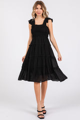 Black Sleeveless Smocked Tiered Midi Dress