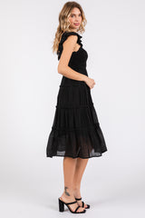 Black Sleeveless Smocked Tiered Midi Dress