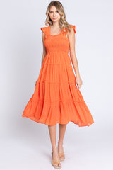 Orange Sleeveless Smocked Tiered Maternity Midi Dress