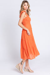 Orange Sleeveless Smocked Tiered Midi Dress