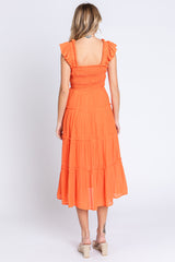 Orange Sleeveless Smocked Tiered Midi Dress