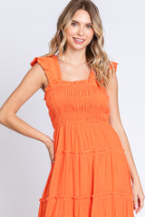 Orange Sleeveless Smocked Tiered Midi Dress