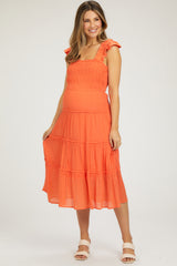 Orange Sleeveless Smocked Tiered Maternity Midi Dress