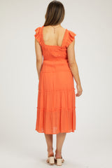 Orange Sleeveless Smocked Tiered Maternity Midi Dress