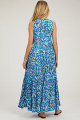 Blue Sleeveless V-Neck Ruffle Neck Tiered Maternity Maxi Dress