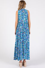 Blue Sleeveless V-Neck Ruffle Neck Tiered Maxi Dress