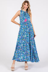 Blue Sleeveless V-Neck Ruffle Neck Tiered Maternity Maxi Dress