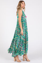 Green Sleeveless V-Neck Ruffle Neck Tiered Maxi Dress