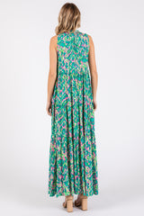 Green Sleeveless V-Neck Ruffle Neck Tiered Maxi Dress