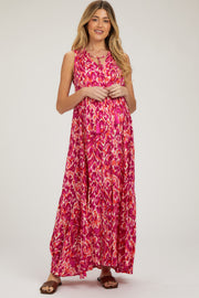 Magenta Sleeveless V-Neck Ruffle Neck Tiered Maternity Maxi Dress