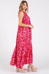 Magenta Sleeveless V-Neck Ruffle Neck Tiered Maxi Dress