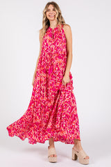 Magenta Sleeveless V-Neck Ruffle Neck Tiered Maxi Dress