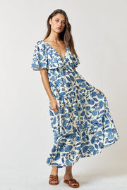 Blue Floral Deep V-Neck Ruffle Midi Dress