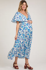 Blue Floral Deep V-Neck Ruffle Maternity Midi Dress