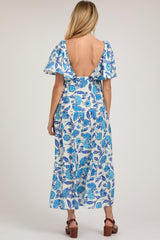 Blue Floral Deep V-Neck Ruffle Maternity Midi Dress