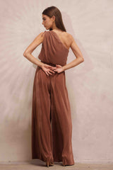 Dark Bronze Asymmetric Pleated Jumpsuit