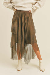 Bronze Metallic Mesh Pleated Skirt