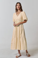 Yellow Gingham Puff Sleeve Maternity Tiered Midi Dress